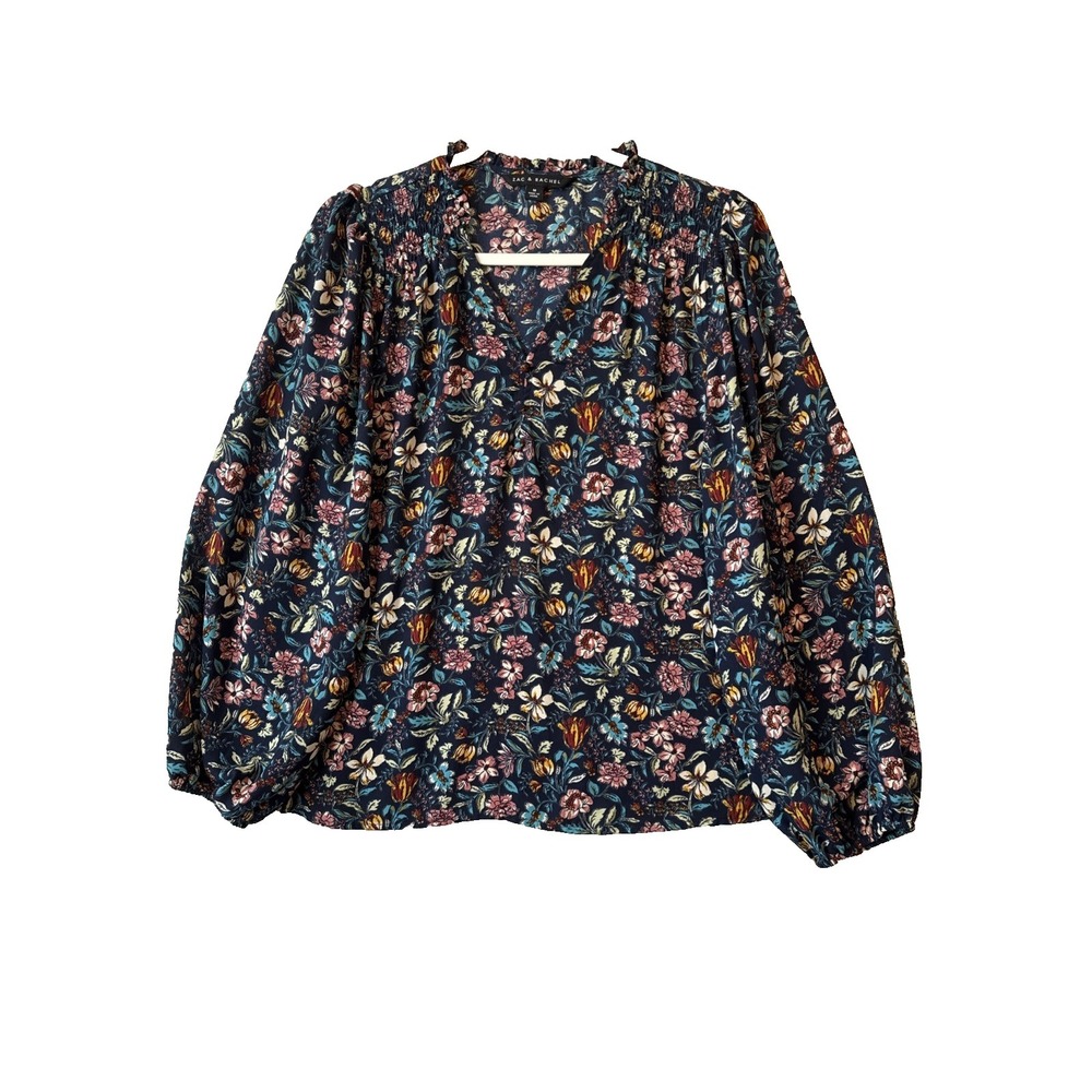 Zac & Rachel Floral Long Balloon Sleeve Smocked V Neck Blouse M Boho Cottagecore